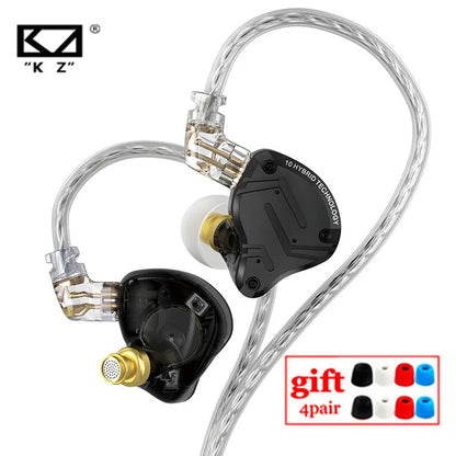 Black kz zs10 pro in-ear wired headphones hifi bass with gold-plated connectors and transparent braided cables for sport