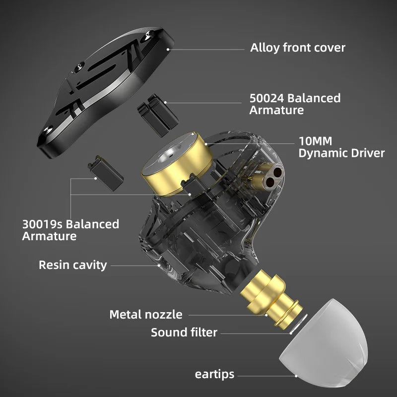 Transparent resin zs10 pro earphone housing with gold 10mm dynamic driver and black alloy front cover headphones hifi bass