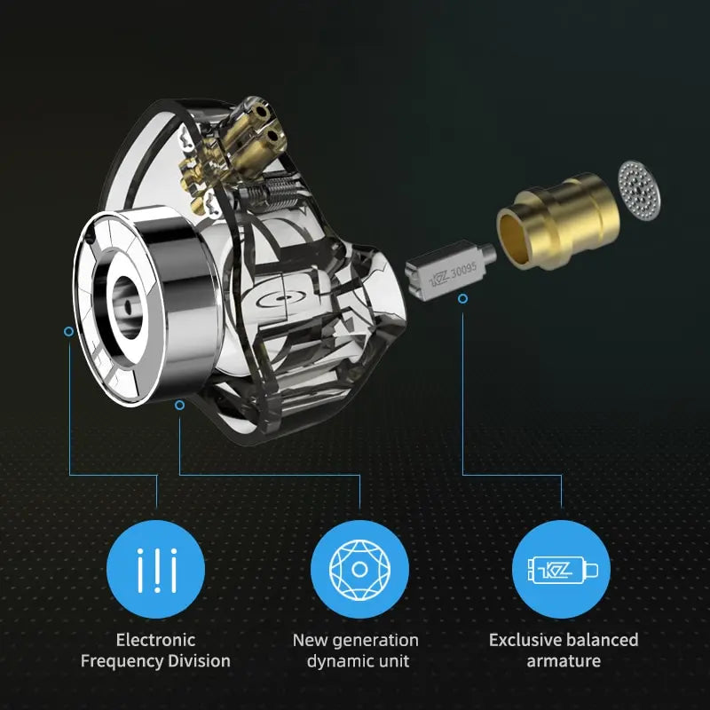 Shiny chrome-plated kZ ZSN Pro in-ear style earphone driver with gold hybrid technology and volume control feature