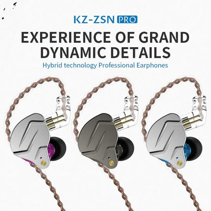 Silver and black kz zsn pro hybrid technology in-ear style wired communication earphones with braided copper cables