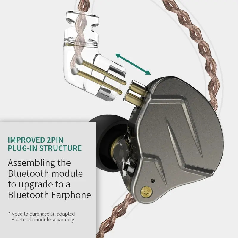Silver and black kz zsn pro in-ear style earphones with transparent housing revealing gold hybrid technology components and volume control