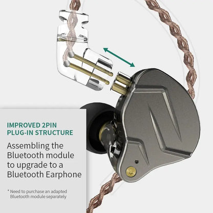 Silver and black kz zsn pro in-ear style earphones with transparent housing revealing gold hybrid technology components and volume control