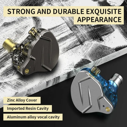 Two kz zsn pro in-ear style earphones with hybrid technology featuring a dark gray zinc alloy and blue resin design with volume control