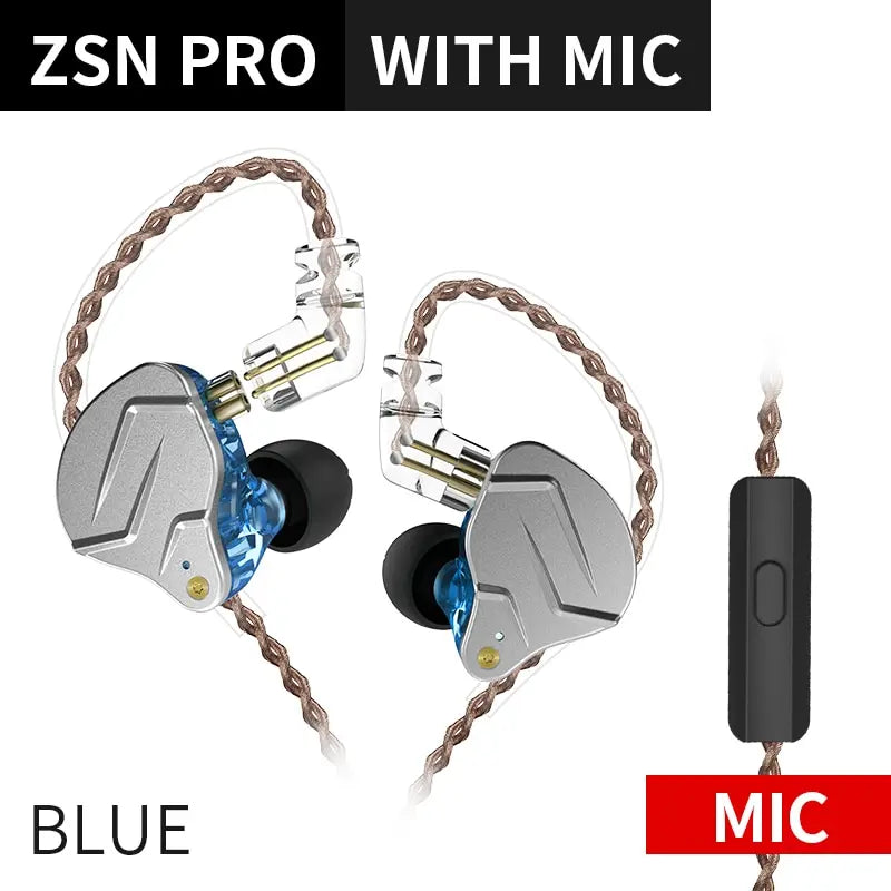 Silver and blue KZ ZSN PRO in-ear style earphones with hybrid technology braided cable volume control and built-in microphone