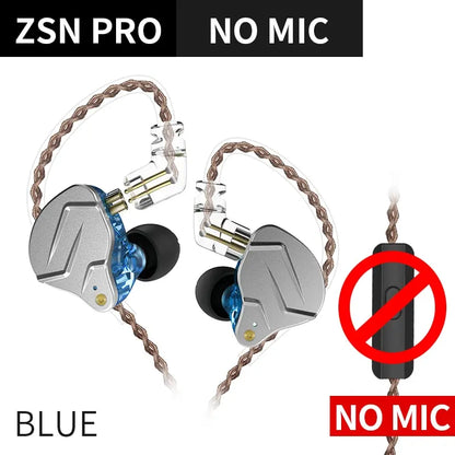 Silver and blue kz zsn pro in-ear style earphones with hybrid technology and braided cable for wired communication