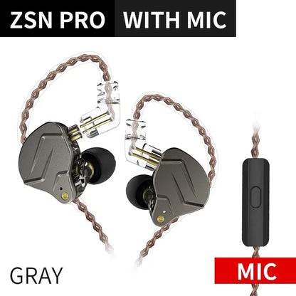 Gray kz zsn pro in-ear style earphones with hybrid technology, braided cable, inline microphone for wired communication