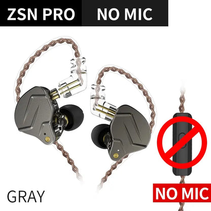 Gray kz zsn pro in-ear style wired communication earphones with hybrid technology and braided cable without microphone