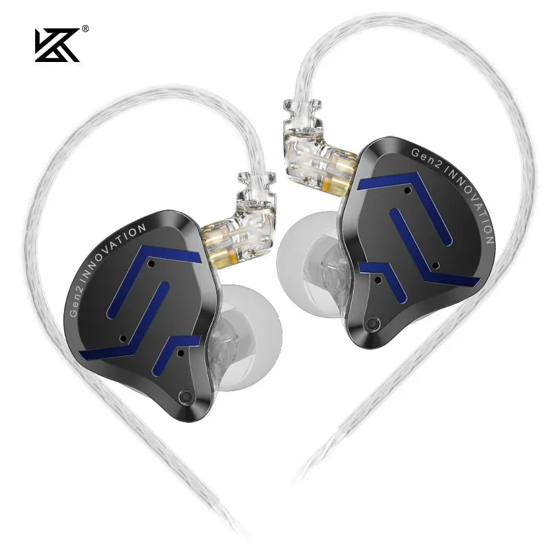 Black and blue kz zsn pro 2 hybrid drive metal earphones hifi with transparent cables for dj music and sport use
