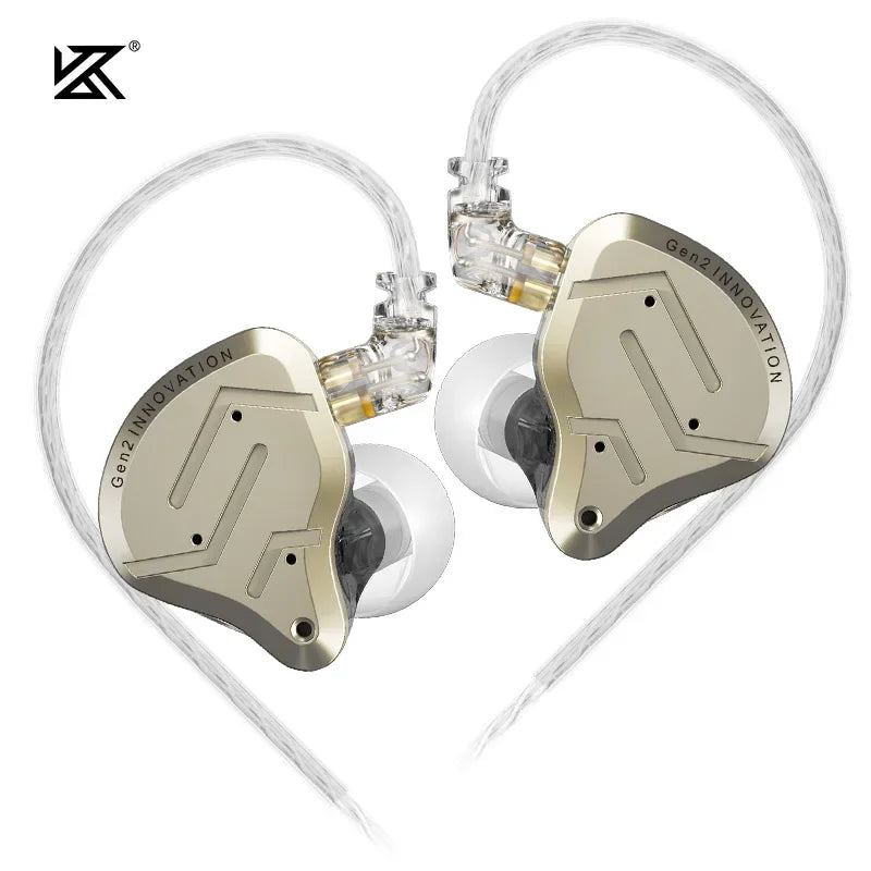 Gold-colored zsn pro 2 hybrid drive metal earphones hifi with transparent cable and clear ear tips for noise cancelling use
