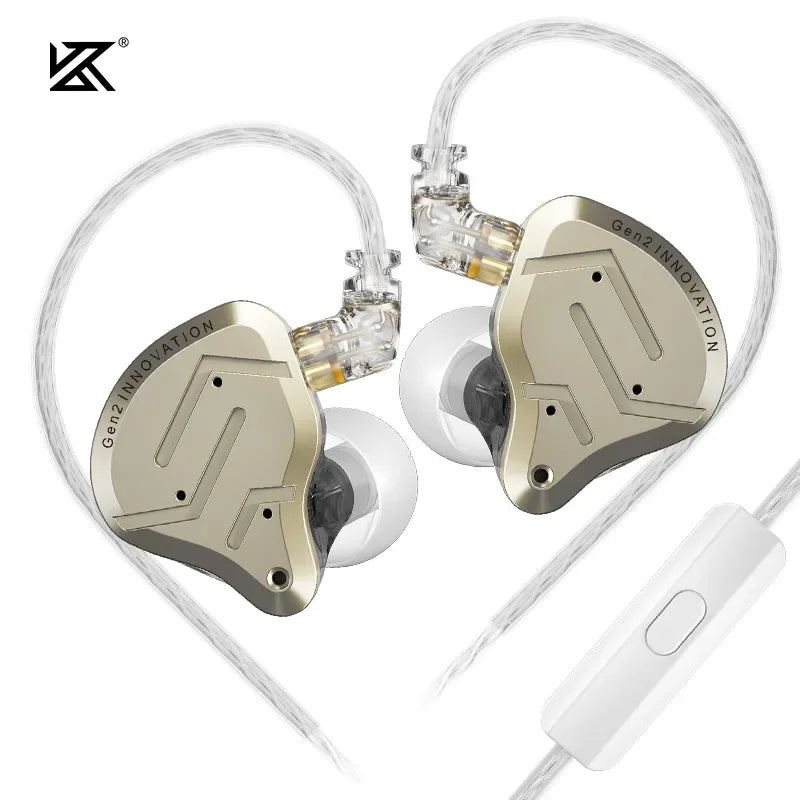 Gold-colored kzn pro 2 hybrid drive metal earphones hifi with angular design and transparent cable with white inline control