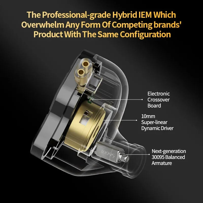 Transparent black zsn pro 2 hybrid drive metal earphones hifi with gold 10mm dynamic and balanced armature drivers