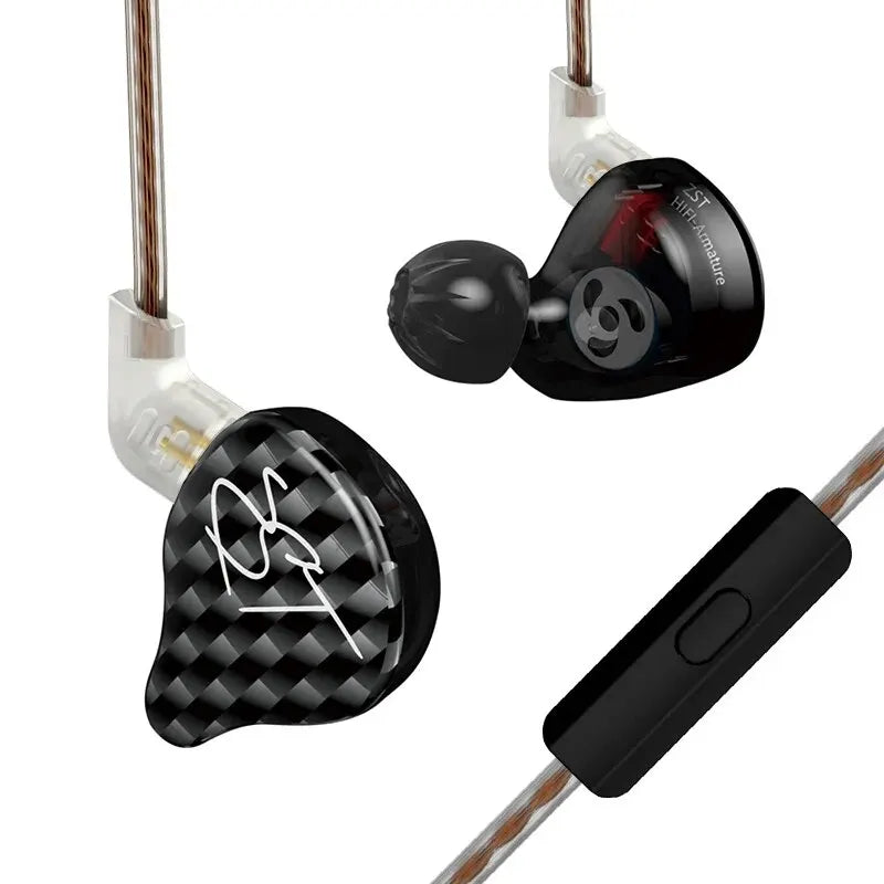 Black carbon fiber-patterned kz zst wired earphone detachable cable in ear monitor noice cancelling headset with panda design