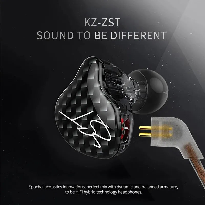 Black carbon fiber-textured kz zst wired earphone detachable with monitor noice cancelling for hifi music sport use