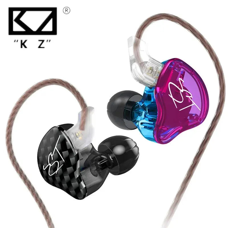 Kz zst wired earphone detachable cable in-ear monitor with carbon fiber black and purple-blue translucent shells for hifi music sport