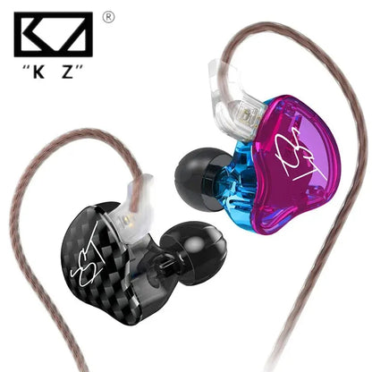 Kz zst wired earphone detachable cable in-ear monitor with carbon fiber black and purple-blue translucent shells for hifi music sport