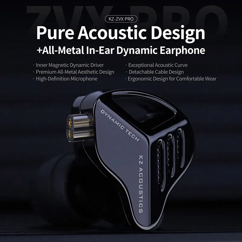 Black and silver KZ zvx pro dynamic bass earbuds metal with sport noise cancelling and all-metal design