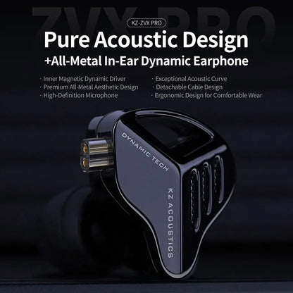 Black and silver KZ zvx pro dynamic bass earbuds metal with sport noise cancelling and all-metal design