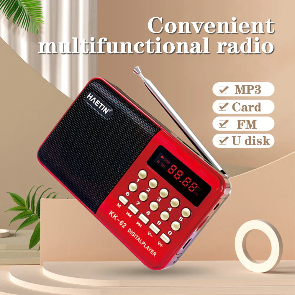 Red haetin kk-62 single band plug-in radio mp3 music player with black speaker grille and silver antenna ideal as music player gift