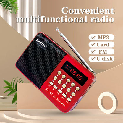 Red haetin kk-62 single band plug-in radio mp3 music player with black speaker grille and silver antenna ideal as music player gift