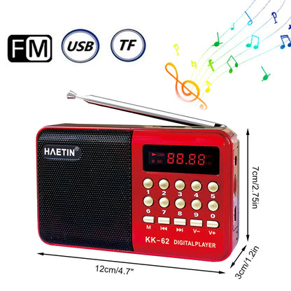 Red haetin kk-62 digital radio mp3 music player with black speaker grille and silver antenna single band plug-in device
