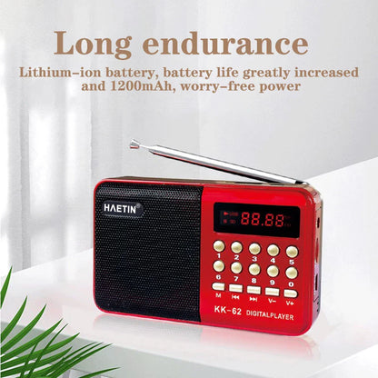Red haetin kk-62 single band plug-in radio mp3 music player with black speaker grille and silver antenna for elderly gift