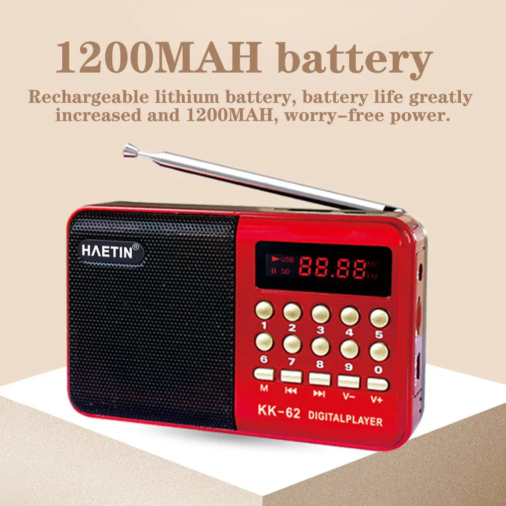 Red haetin kk-62 single band plug-in radio mp3 music player with black mesh grille and silver antenna for elderly gift