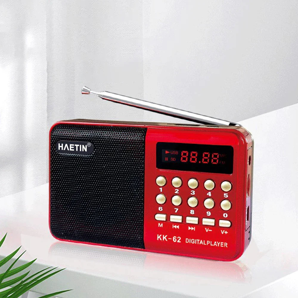 Red haetin kk-62 digital single band plug-in radio mp3 music player with black speaker grille and silver antenna gift for elderly