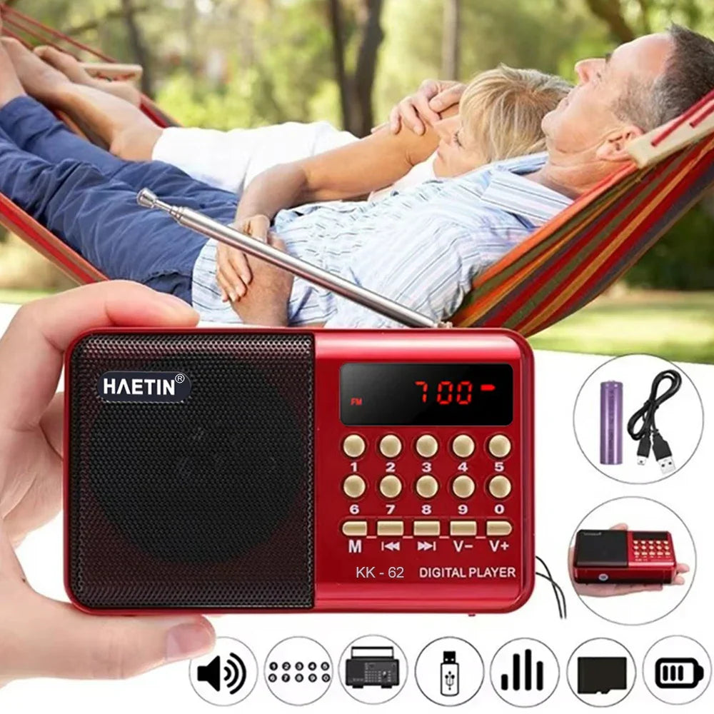 Red haetin kk-62 digital radio mp3 music player with black speaker grille and gold buttons single band plug-in gift