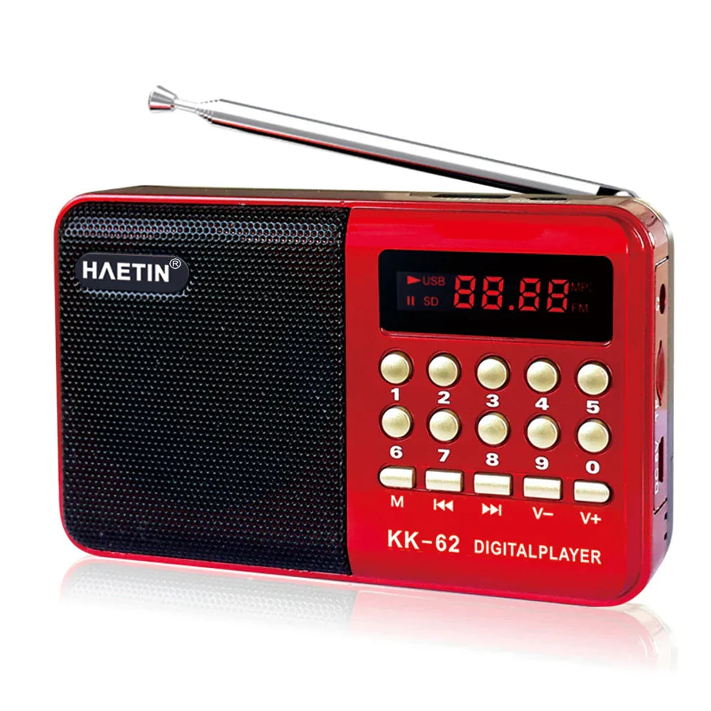 Red haetin kk-62 digital single band plug-in radio mp3 music player with silver antenna and black speaker grille gift for elderly