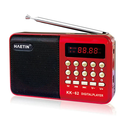 Red haetin kk-62 digital single band plug-in radio mp3 music player with silver antenna and black speaker grille gift for elderly
