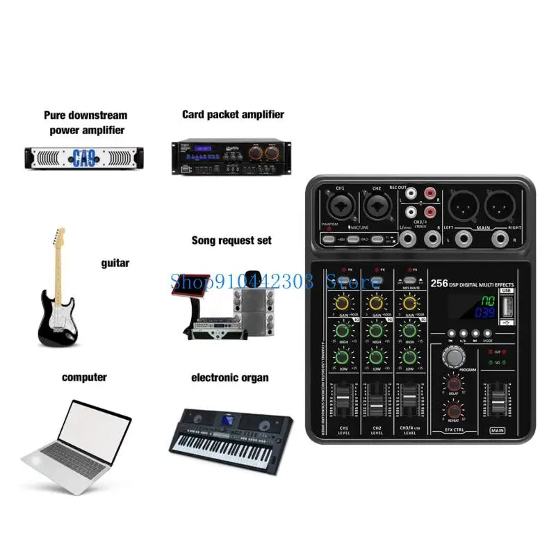 Black l4md advanced 4channel digital multi-effects mixer audios consoles usb playbacks with green knobs and lcd screen for concerts