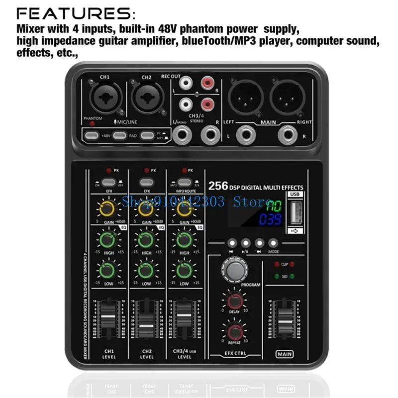 Black l4md advanced 4channel usb digital sound mixer audios consoles with green knobs and lcd screen for usb playbacks