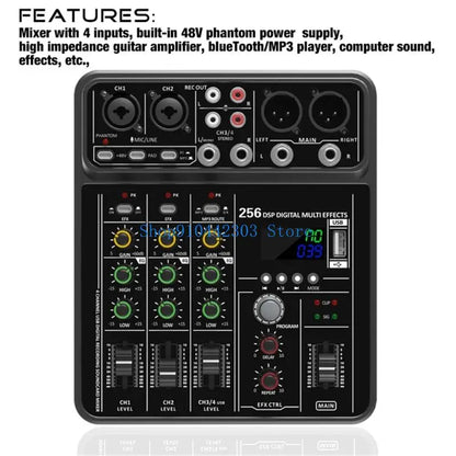 Black l4md advanced 4channel usb digital sound mixer audios consoles with green knobs and lcd screen for usb playbacks