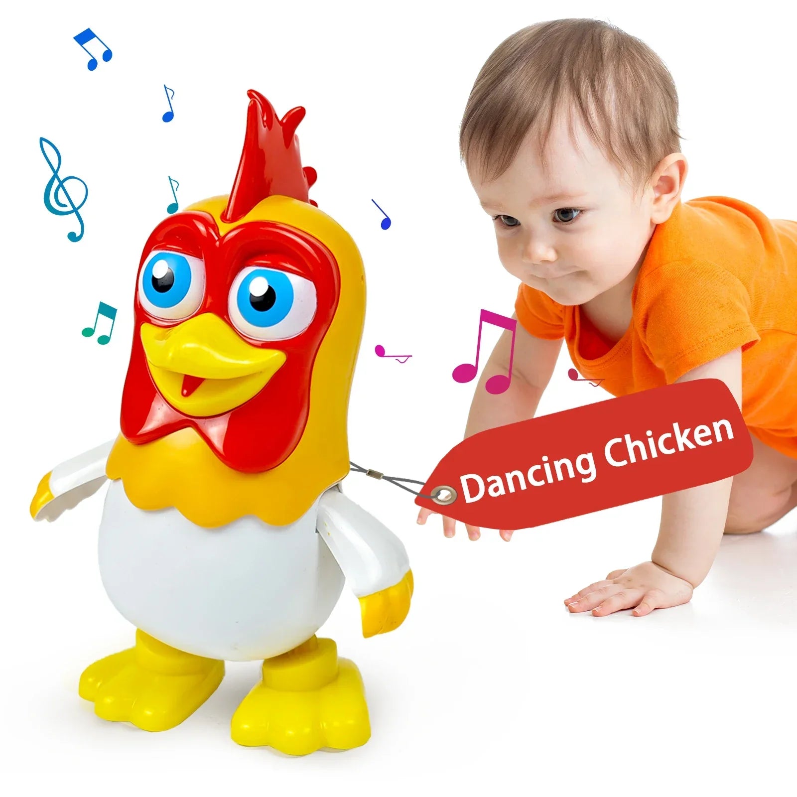 A cheerful red and yellow plastic dancing chicken bartolito toy with blue eyes and white belly for children birthday gifts