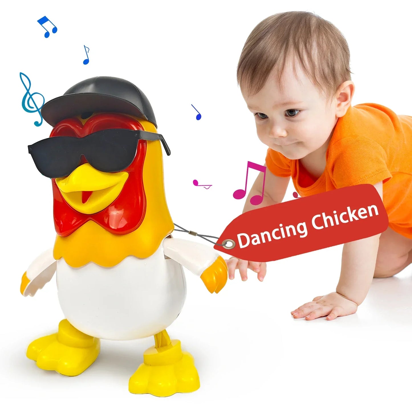 A vibrant red and yellow plastic dancing chicken bartolito toy wearing a black hat and sunglasses for penguin toys birthday gifts