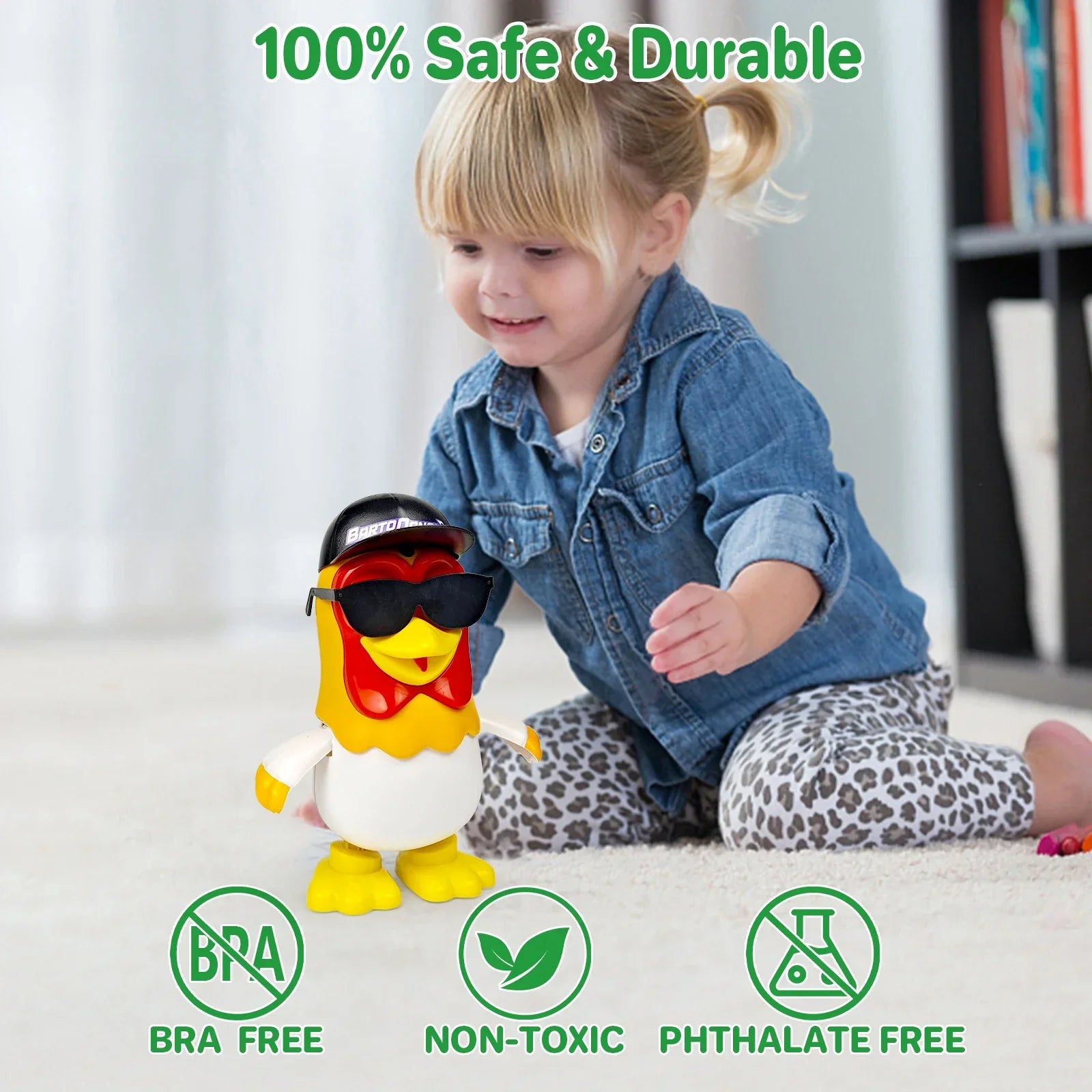 A bright yellow and red plastic dancing chicken bartolito toy wearing a black cap and sunglasses for children
