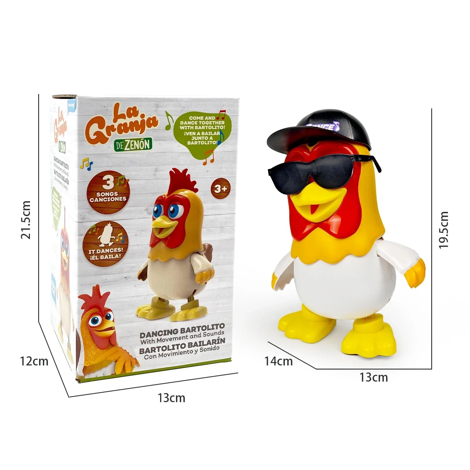 A plastic dancing chicken bartolito toy with a white body red comb yellow beak black cap and sunglasses for children’s gifts