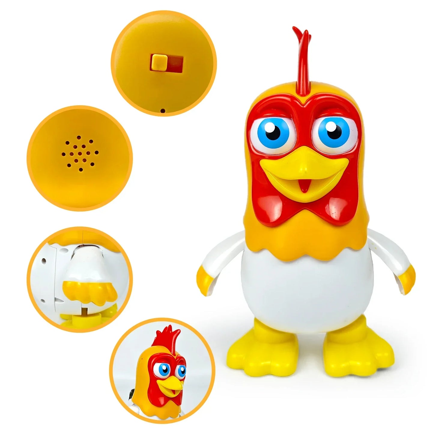 A cheerful yellow and red dancing chicken bartolito toy with blue eyes and white belly from la granja de zenon for birthday gifts