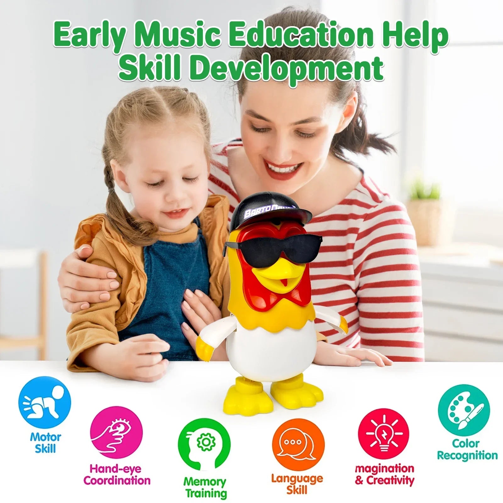 A colorful dancing chicken bartolito toy with red head yellow body black sunglasses and baseball cap for birthday gifts