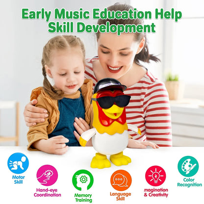 A colorful dancing chicken bartolito toy with red head yellow body black sunglasses and baseball cap for birthday gifts