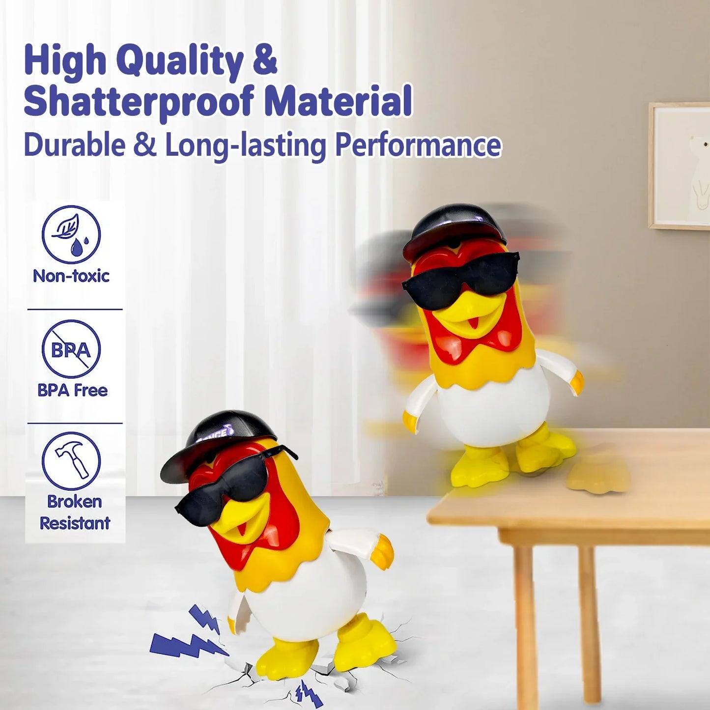 A playful white rooster toy with red comb wearing helmet and sunglasses from dancing chicken bartolito and musical penguin toys
