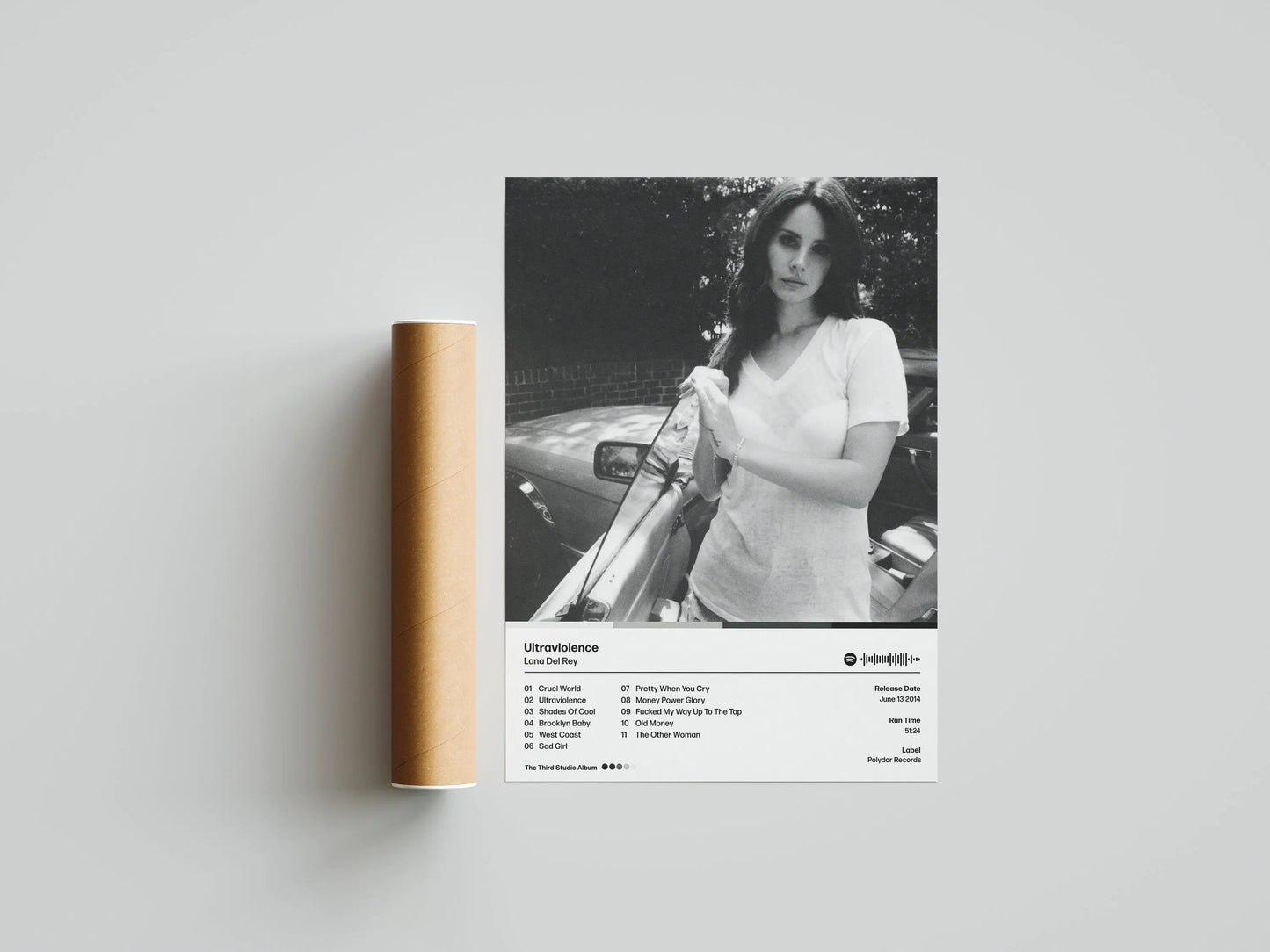 Black and white canvas painting poster of ultraviolence album by lana del rey with tracklist and spotify logo for wall decor