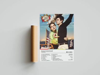 Vibrant comic book style lana del rey lovesick album canvas painting featuring a man and woman on a boat with american flag