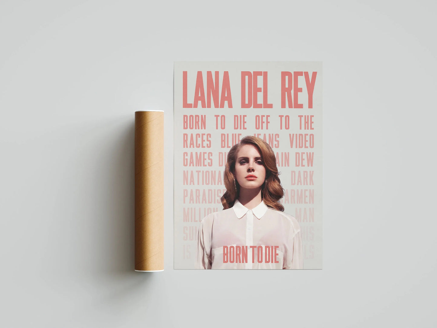 Minimalist pink and white lana del rey born to die canvas painting featuring the artist in a crisp collared shirt for wall decor