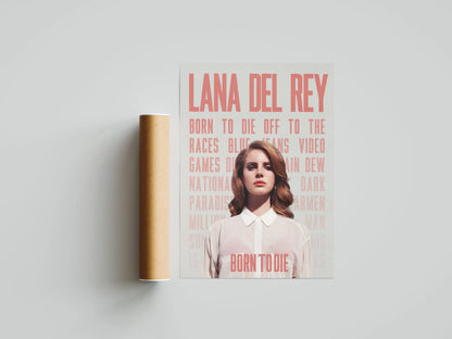 Minimalist pink and white lana del rey born to die canvas painting featuring the artist in a crisp collared shirt for wall decor