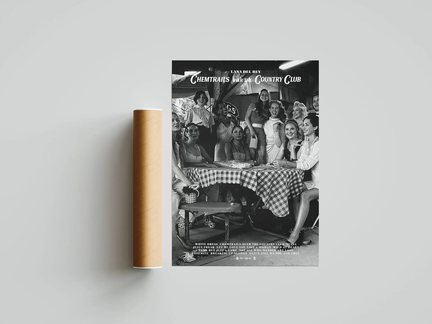 Black and white lana del rey canvas painting featuring women at a checkered tablecloth for home wall decor