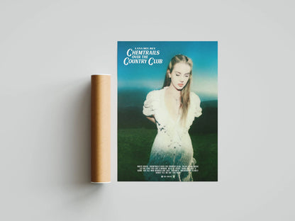Lana del rey chemtrails over the country club canvas painting featuring a woman in off-white dress against blue green background