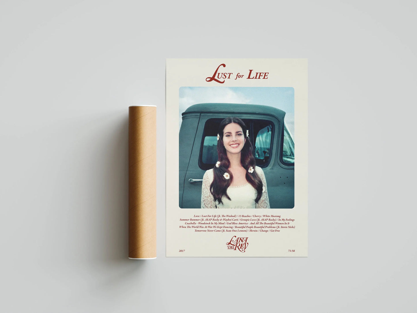 Cream-colored canvas painting of a smiling woman with white flowers by a vintage green truck titled lust for life by celine dion