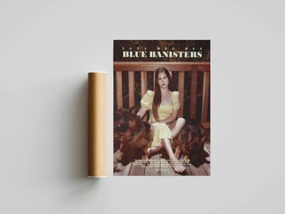 Lana del rey blue banisters canvas painting featuring the artist in a pale yellow dress with dogs on wooden decking