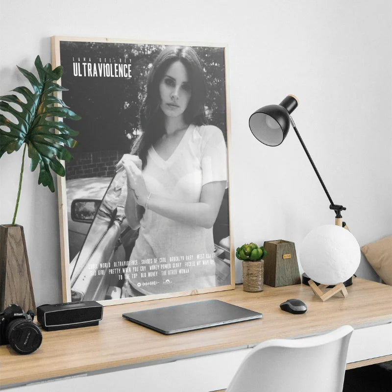 Black-and-white lana del rey ultraviolence canvas painting poster in white dress for hip hop living room decor no frame